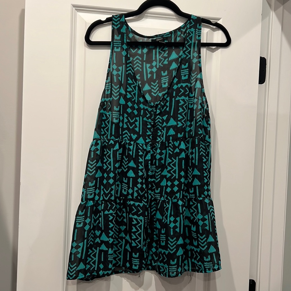 Flowy black and teal sleeveless top.  Forever 21 LARGE